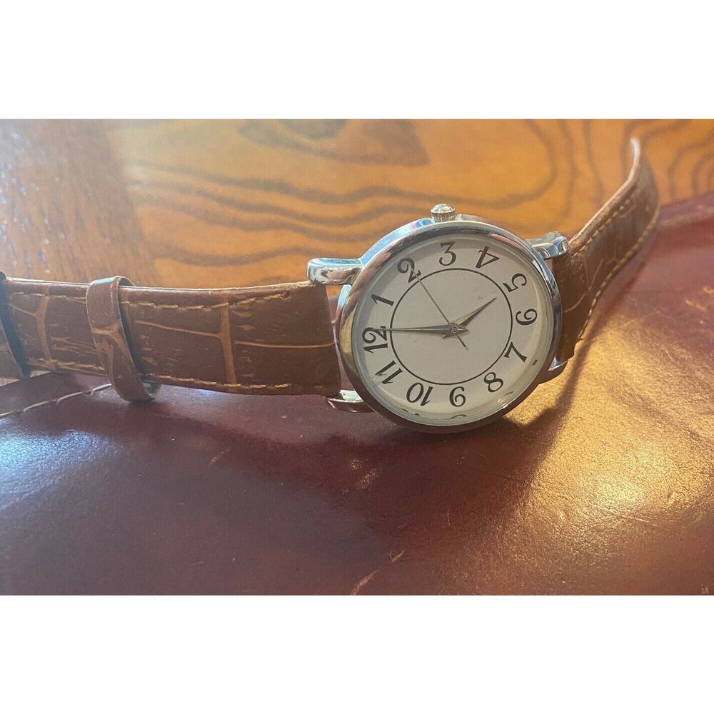 Unisex 35mm Silver Tone Calvin Hill Watch with Brown Band, Easy to Read Dial